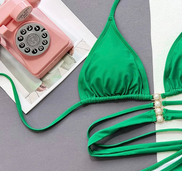 Women Green Sexy Pearl Bikini Swimsuit