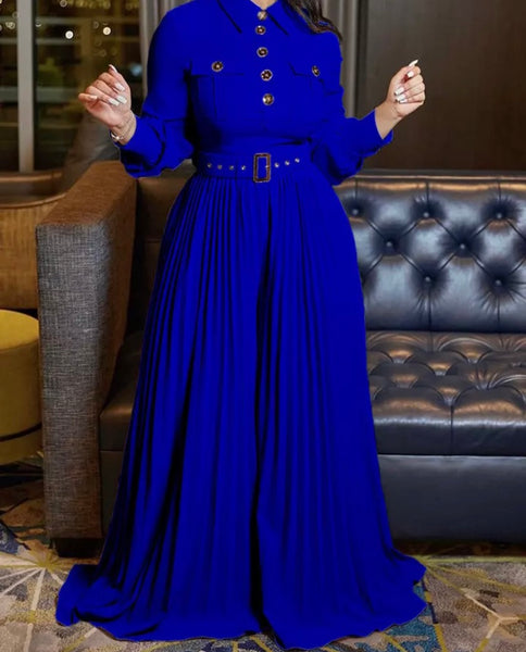 Women Full Sleeve Button Up Belted Wide Pleated Leg Jumpsuit