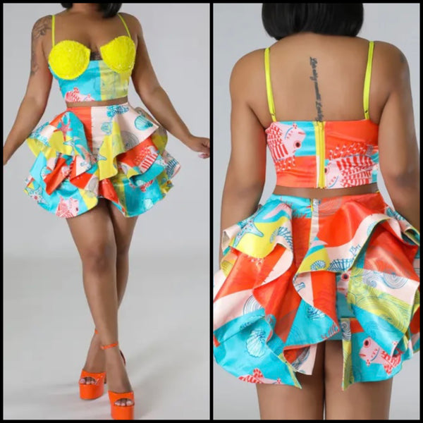 Women Sexy Sleeveless Multicolored Ruffled Two Piece Skirt Set