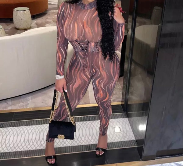 Women Sexy Printed Mesh Lace Up Jumpsuit
