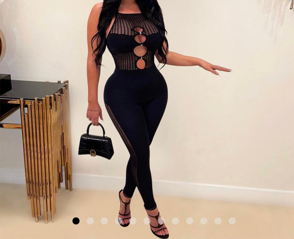 Women Solid Color Sleeveless Mesh Patchwork Sexy Jumpsuit