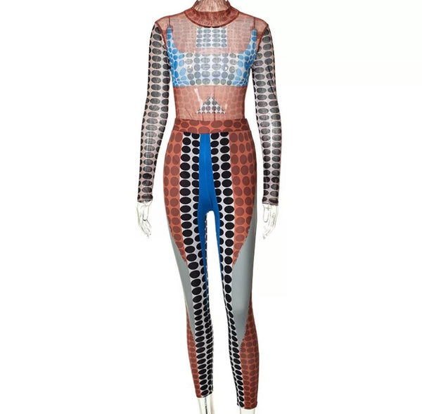 Women Mesh Multicolored Print Bodysuit Two Piece Pant Set