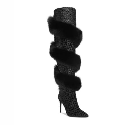 Women Black Fashion Faux Fur Patchwork Knee High Boots