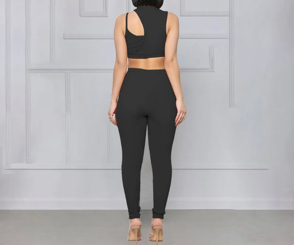 Women Sleeveless Solid Color Crop Two Piece Pant Set