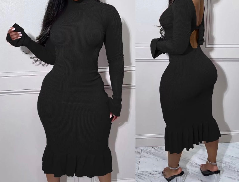 Women Ribbed Turtleneck Full Sleeve Sexy Open Back Dress