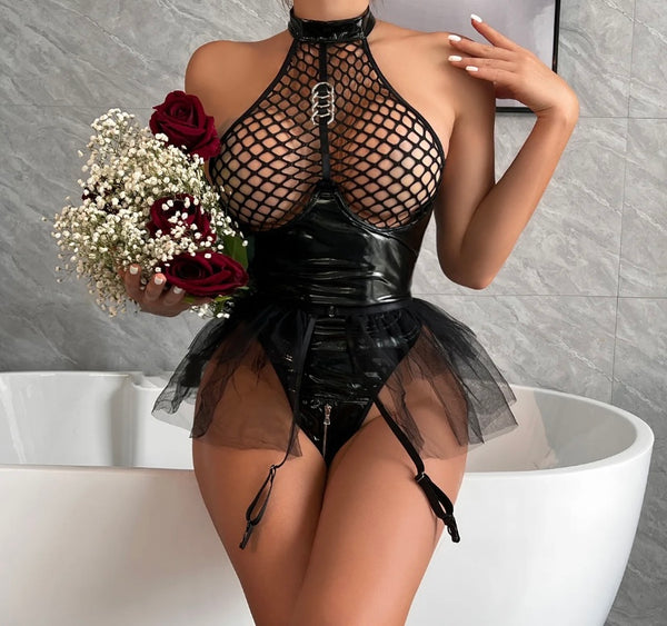 Women Sexy PU Black Zipper Bodysuit Lingerie Set