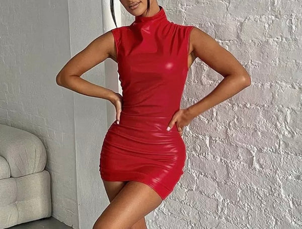 Women Sexy Sleeveless Turtleneck PU Dress