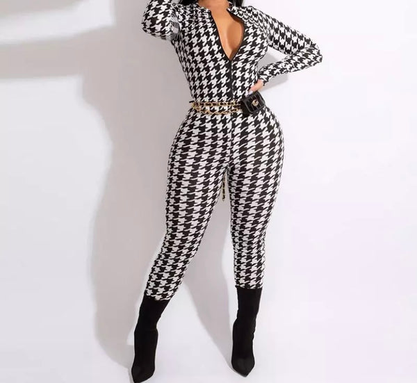 Women Fashion Front Zipper Plaid Print Full Sleeve Jumpsuit