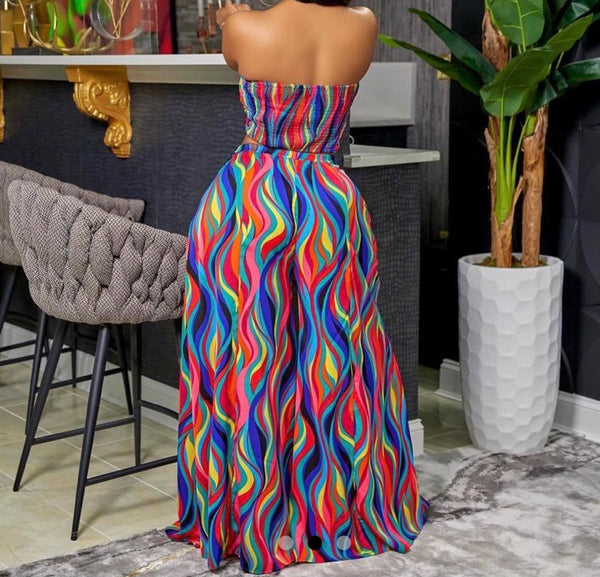 Women Fashion Strapless Tie Up Multicolored Two Piece Wide Leg Pant Set