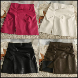 Women PU Fashion Side Split Sexy Skirt