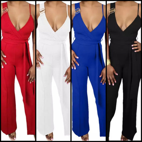 Women Sleeveless Belted Solid Color Fashion Jumpsuit