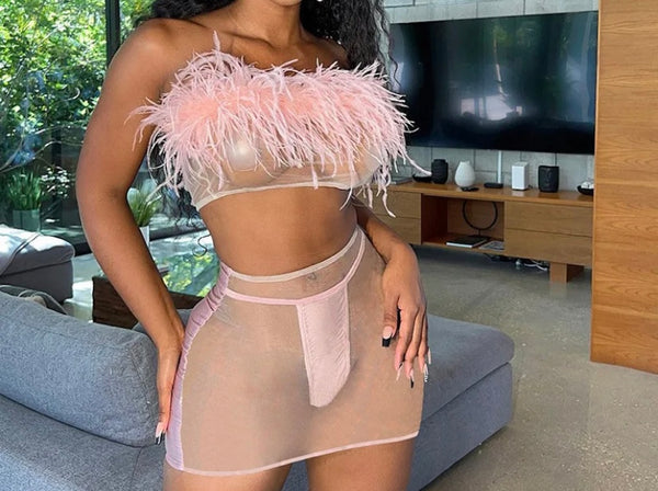 Women Sexy Pink Feather Strapless Crop Two Piece Mesh Skirt Set