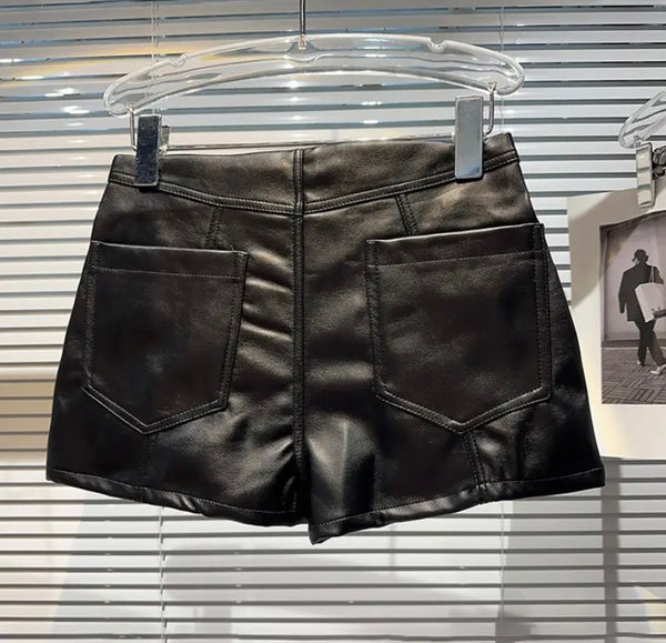 Women Faux Leather Fashion Black Wrap Shorts