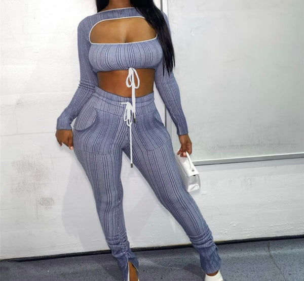 Women Sexy Striped Two Piece Crop Tie Up Pant Set