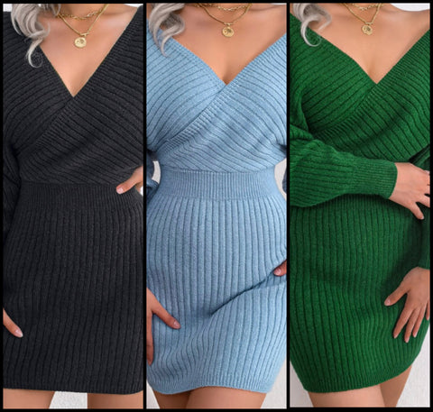 Women Sexy V-Neck Ribbed Full Sleeve Sweater Dress