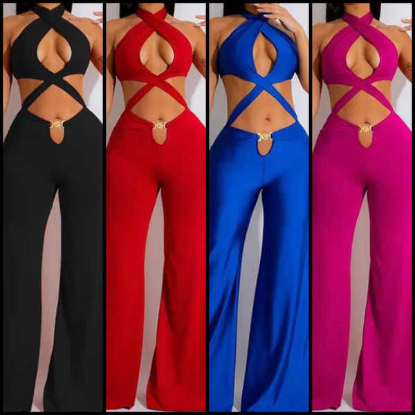 Women Sexy Sleeveless Criss Cross Halter Cut Out Jumpsuit