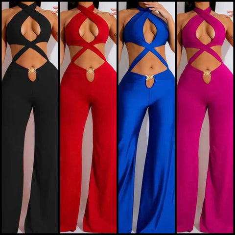 Women Sexy Sleeveless Criss Cross Halter Cut Out Jumpsuit