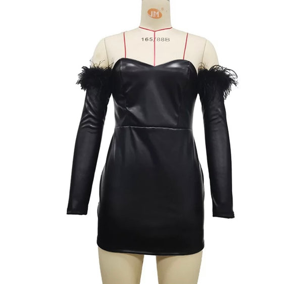 Women Black Off The Shoulder Feather Faux Leather Dress