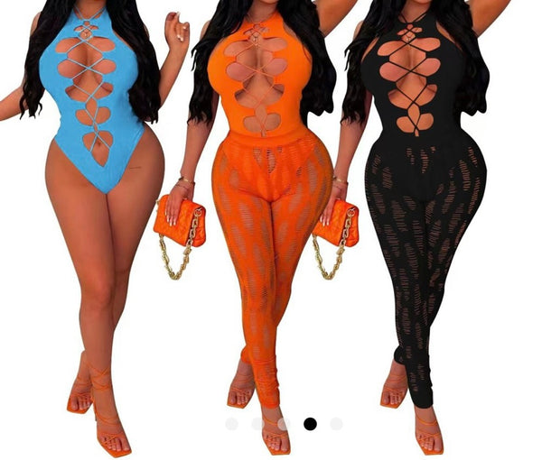 Women Sexy Sleeveless Hollow Out Lace Up Two Piece Pant Set
