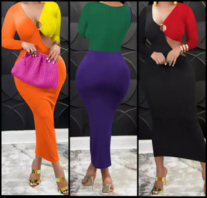 Women Sexy Full Sleeve Color Patchwork Cut Out Maxi Dress