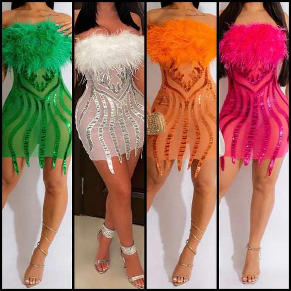 Women Feather Strapless Sequins Mesh Patchwork Dress