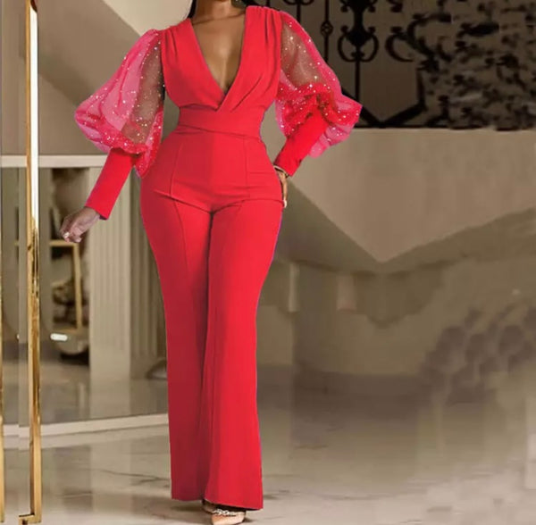 Women Sexy V-Neck Mesh Patchwork Full Sleeve Jumpsuit