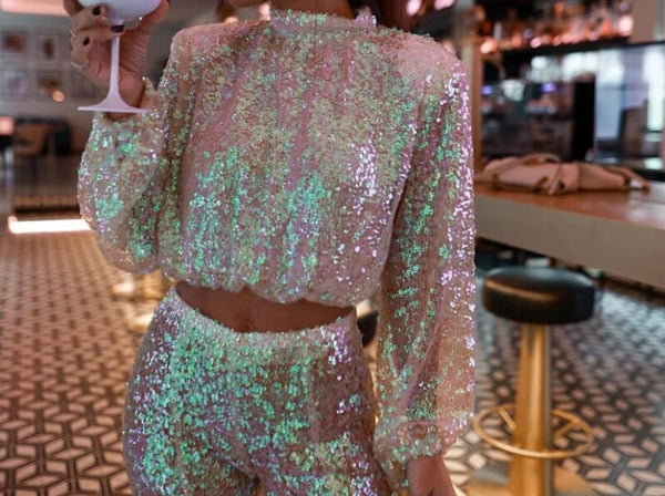 Women Sequins Full Sleeve Crop Fashion Two Piece Pant Set