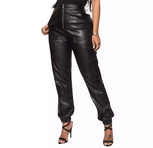 Women Fashion High Waist PU Pants