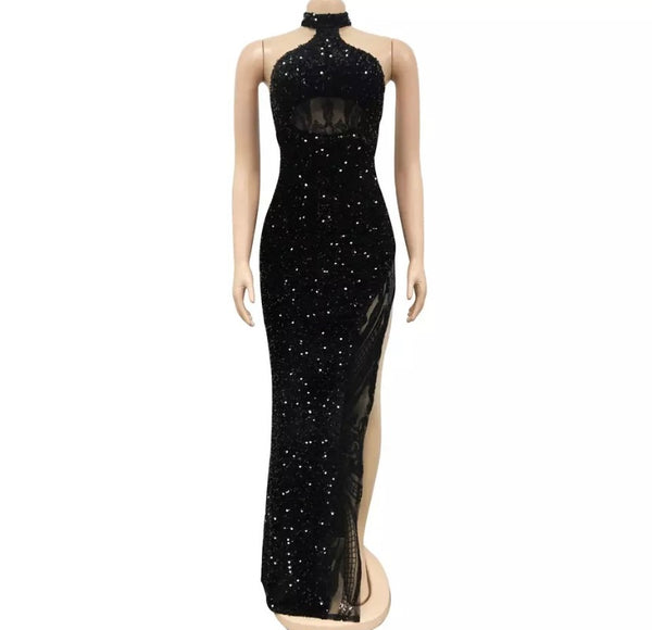 Women Sleeveless Sexy Sequins High Side Split Maxi Dress