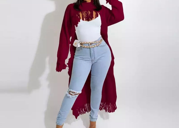 Women Fashion Knitted Fringe Long Sweater Top