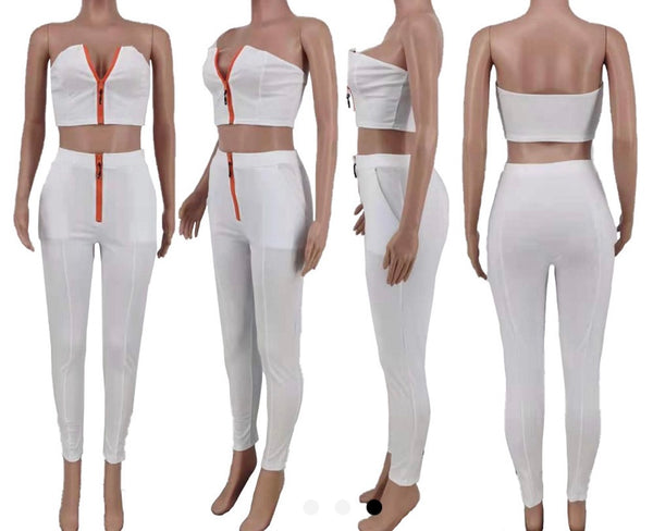 Women Sexy Strapless White Front Zipper Two Piece Pant Set