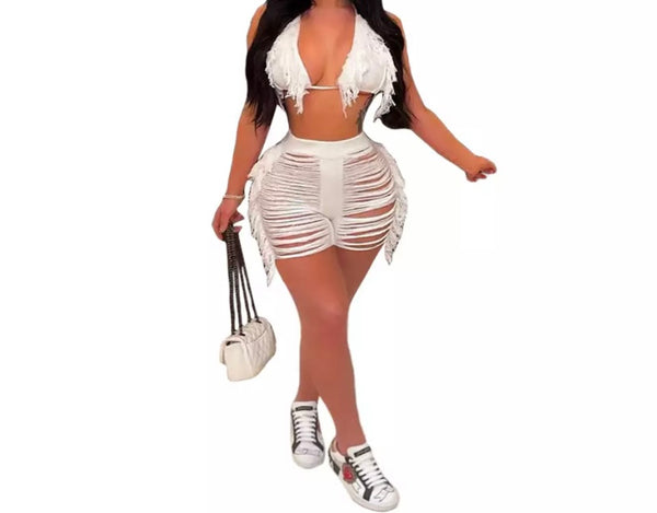 Women Fashion Ripped Fringe Sleeveless Two Piece Short Set