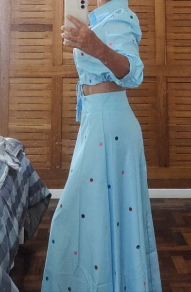 Women Blue Polka Dot Full Sleeve Crop Two Piece Maxi Skirt Set