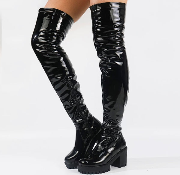 Women Fashion Patent Leather Platform Over The Knee Boots