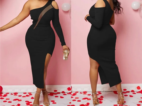 Women Sexy One Shoulder Full Sleeve Mesh Patchwork Asymmetrical Dress