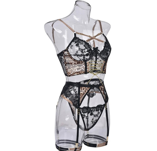 Women Sexy Lace Leopard Print Patchwork Lingerie Set