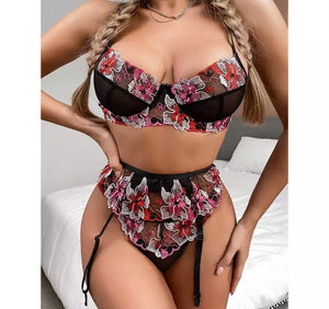 Women Sexy Floral Mesh Three Piece Lingerie Set