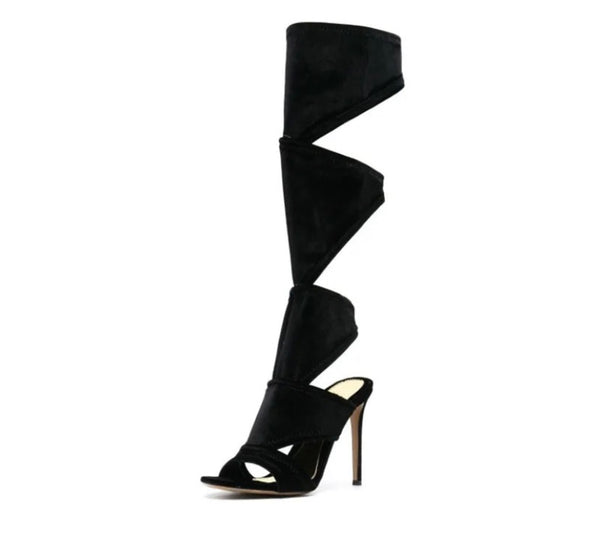 Women Black Fashion Open Toe Mid-Calf Sandals