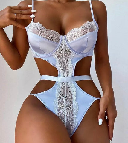 Women Sexy Satin Lace Bodysuit Lingerie