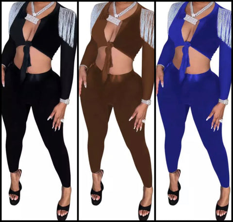 Women Full Sleeve Bling Tassel Crop Two Piece Pant Set