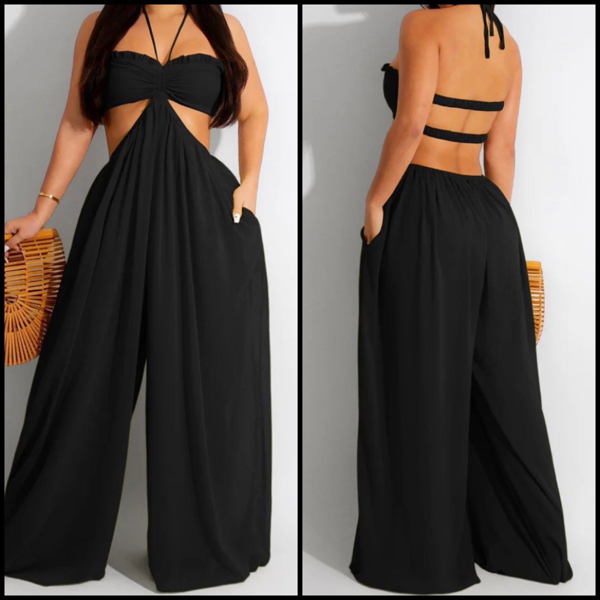Women Sexy Sleeveless Halter Cut Out Wide Leg Jumpsuit