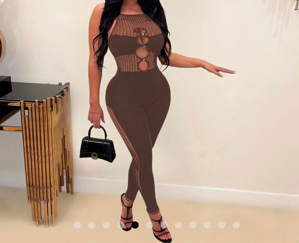 Women Solid Color Sleeveless Mesh Patchwork Sexy Jumpsuit