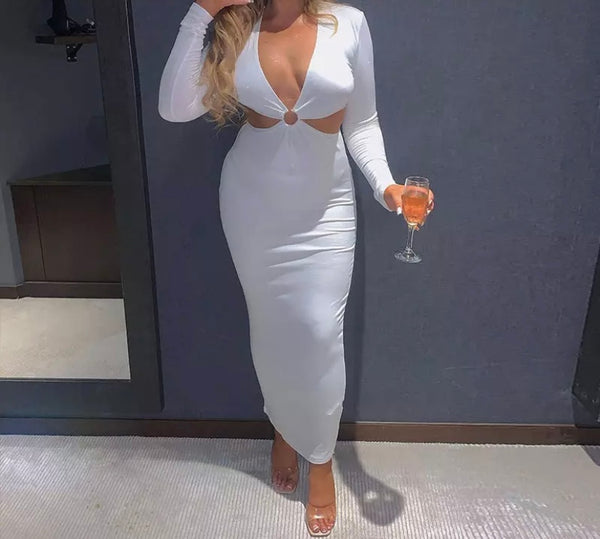 Women Sexy Long Sleeve Solid Color Hollow Out Maxi Dress