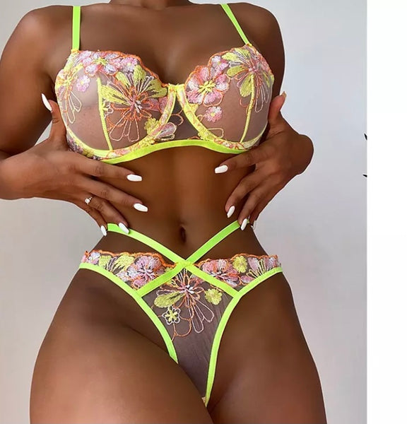 Women Sexy Colorful Floral Mesh Lingerie Set