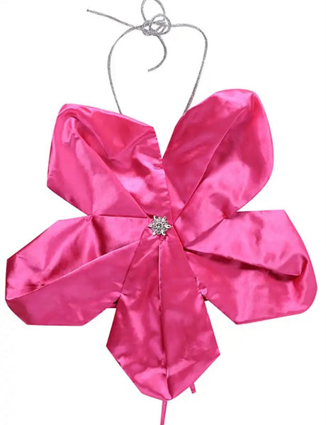 Women Fashion Pink Bow Bling Halter Crop Top