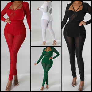 Women Sexy Solid Color Full Sleeve Mesh Jumpsuit