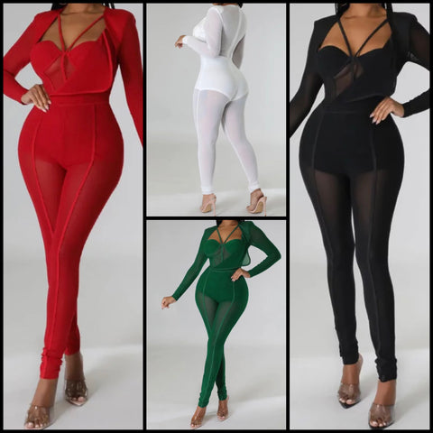 Women Sexy Solid Color Full Sleeve Mesh Jumpsuit