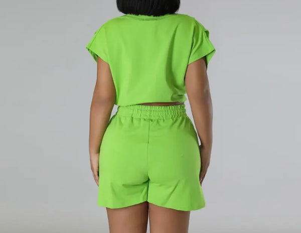 Women Drawstring Short Sleeve Two Piece Short Set