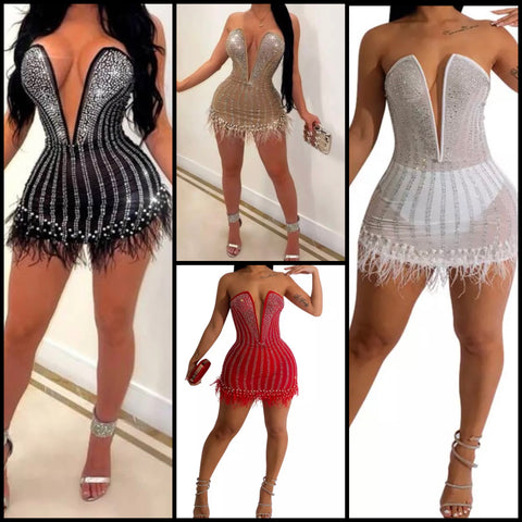 Women Sexy Strapless Mesh Bling Feather Mini Dress