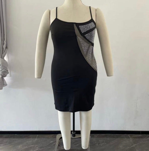 Women Sexy Sleeveless Black Bling Mesh Patchwork Dress